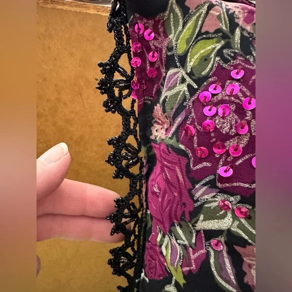 Nicole Miller Floral Beaded Sequin Black Purple Pillow Rose Crochet Fringe EUC!